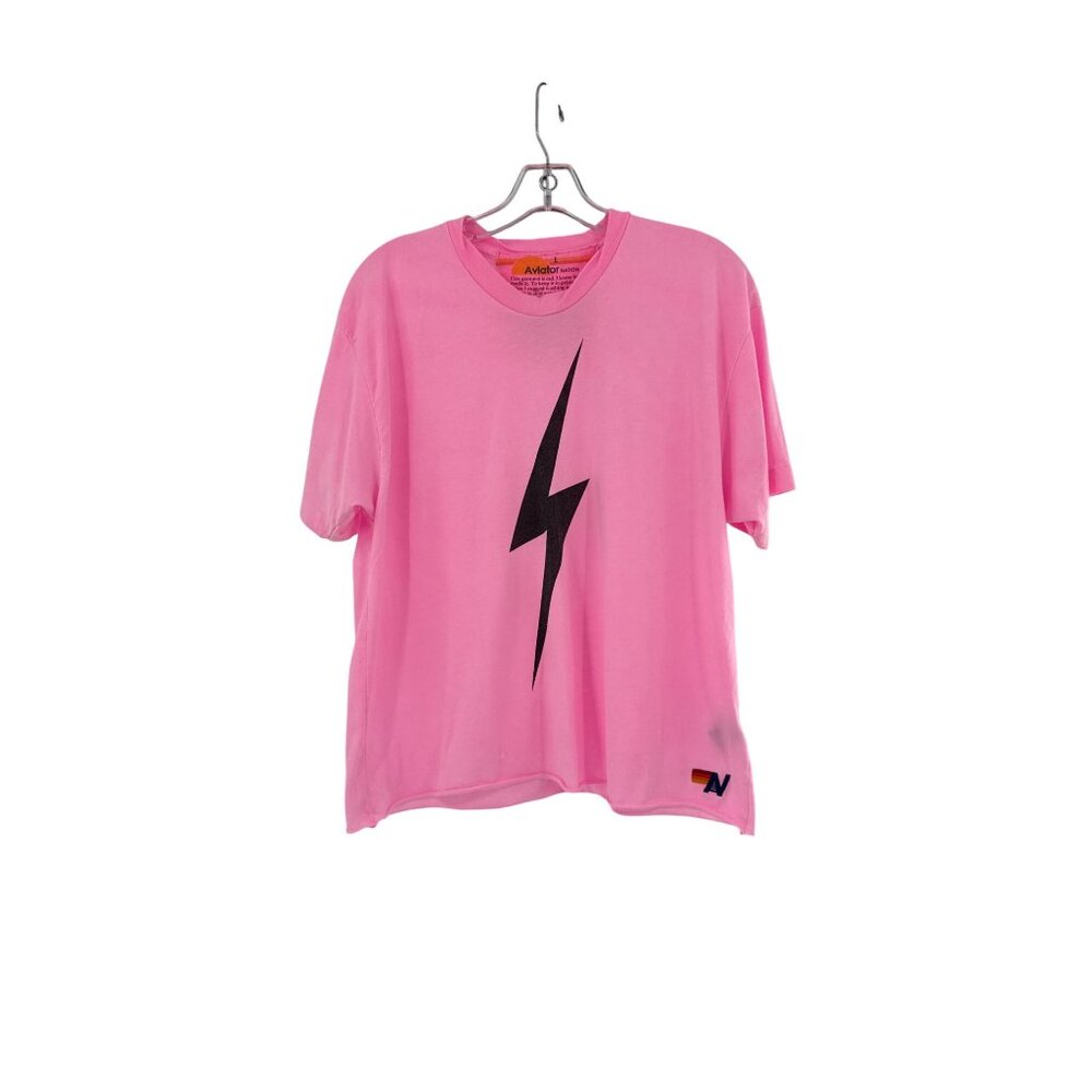 Aviator Nation Pink Long Sleeve Tee with Black Lightning Bolt